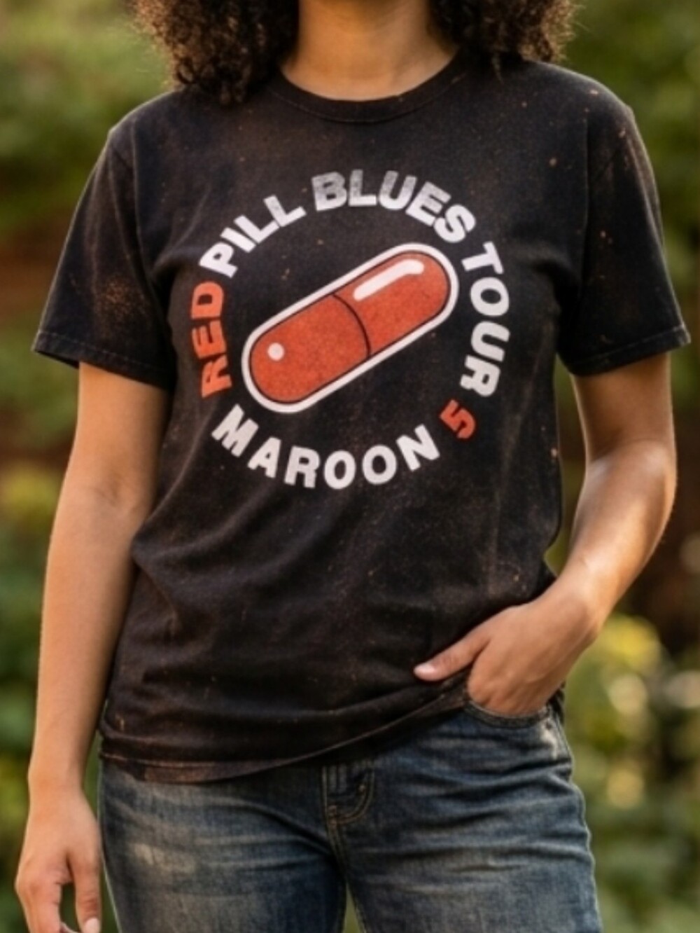 Vintage Vibe Maroon 5 Concert Red Pill Blues Tour Graphic Custom Distressed Tee